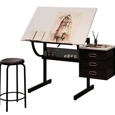 White Drafting Table For Writing Crafting Reading, Adjustable Tabletop 0 - 75 Degrees, 35.43''23.82'' Size, Stool And 3 Storage Drawers, E1 Particle B