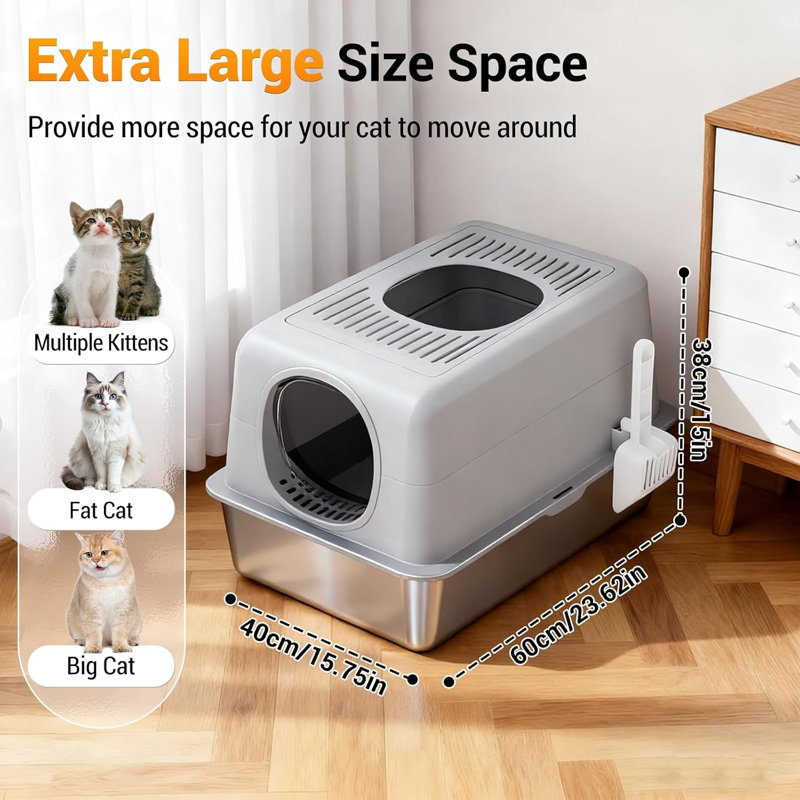 Grande boîte à litière pour chat en acier inoxydable avec couvercle - double entrée, toilette pour chat en métal entièrement fermée, capacité 20L