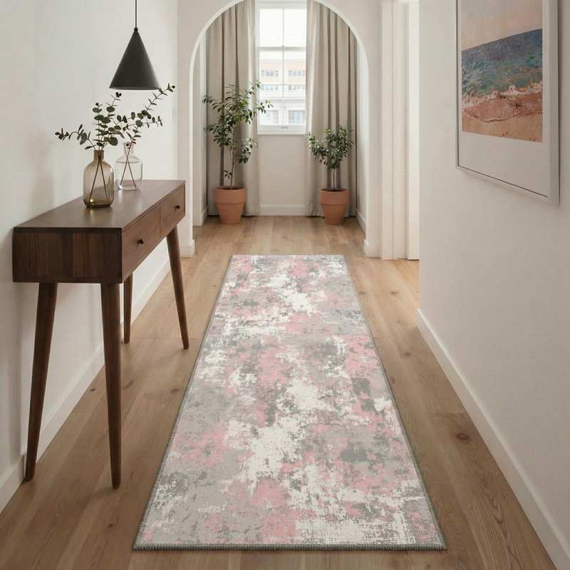 Soft Modern Pink and Grey Area Rug Washable Non Slip Low Profile Carpet for Living Room Bedroom Hallway, Runner 2'6" x 8'