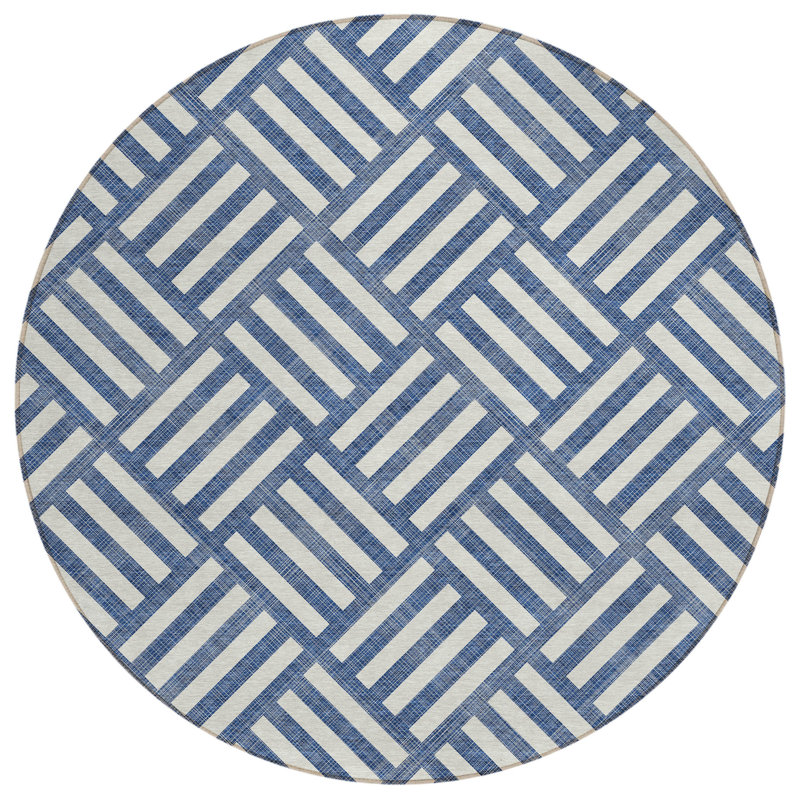 Tapis d'intérieur rond lavable géométrique 8 pi bleu marine et ivoire