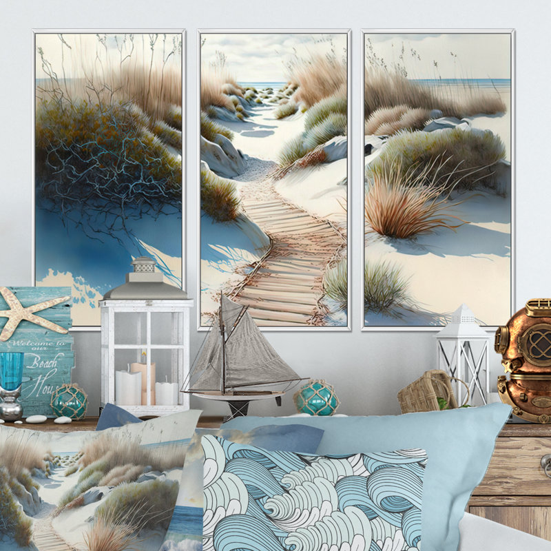 Dimo Walkway To The Beach II - 3 pièces sur toile, H 28 po x l 36 po x P 1 po, Cadre blanc