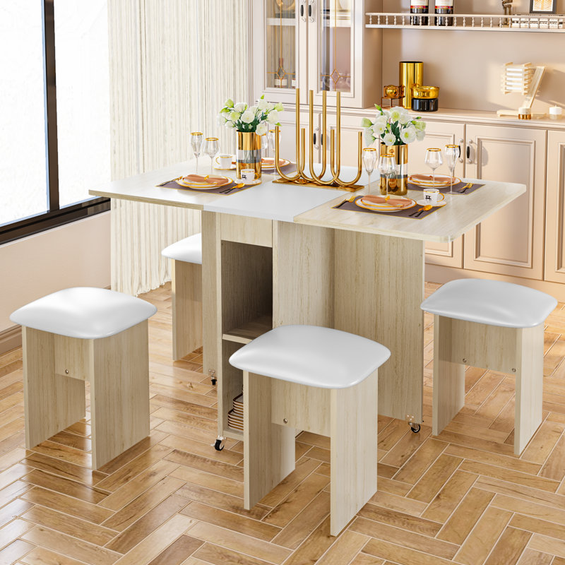 Ensemble de table de salle à manger pliable pour 4 personnes, table de salle à manger à abattants avec 4 chaises rembourrées et 2 tablettes, table de cuisine pliable peu encombrante avec 6 roulettes pour les petits espaces,