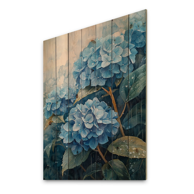 Hortensias dans un champ de pluie I - Art mural en bois d'hortensias - sur bois de pin naturel, H 20 po x l 10 po x P 0,78 po