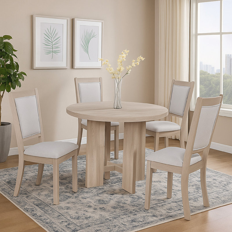 Moyo 5Pc Dining Set, Light Grey, Rustic Style Grey Round Wood Top