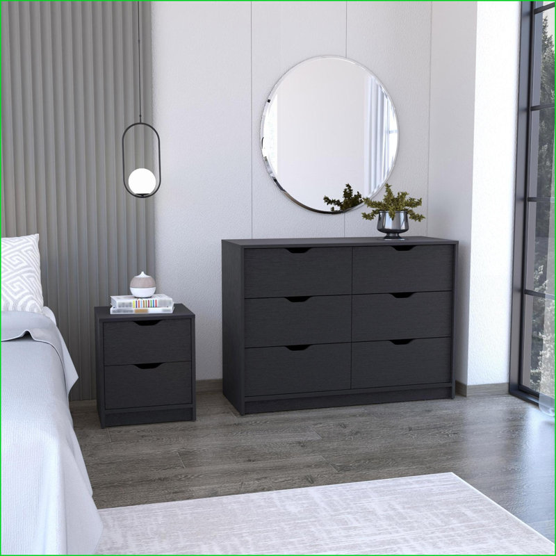 Ensemble de chambre à coucher 2 pièces Bennett - Table de chevet + commode, noir | Panneau de particules | Commodes doubles