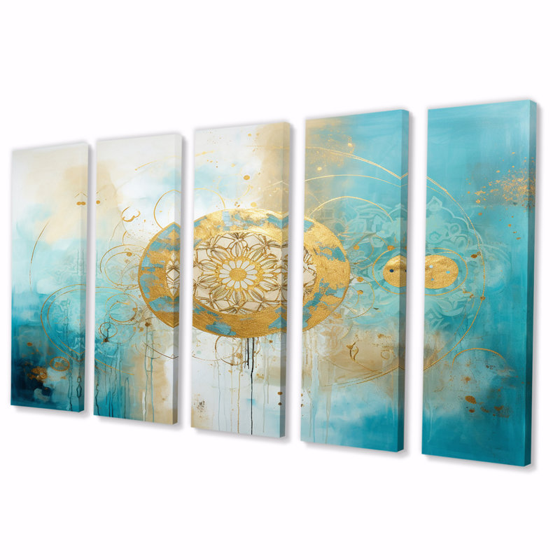 Divine Mandala délicat or délicat turquoise VI - Boho Mandala, impression sur toile - 5 panneaux égaux