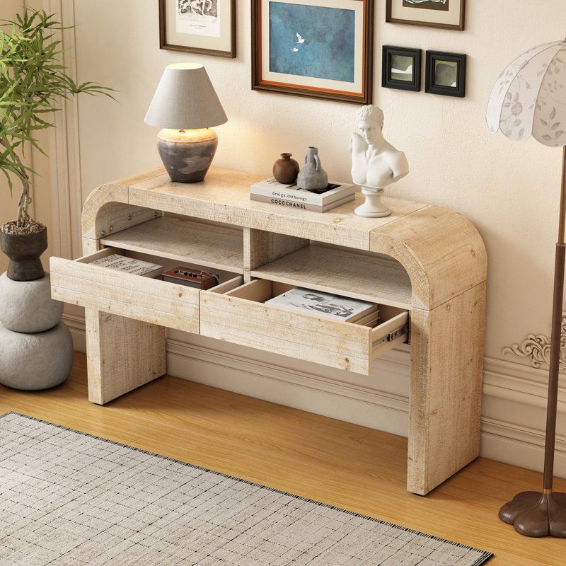 Console rétro en bois 52 po avec 2 tiroirs de rangement, Bois naturel délavé