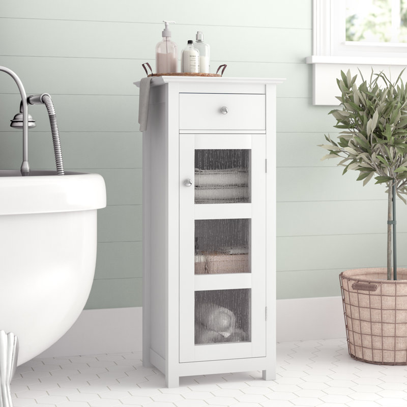 Jaeden Freestanding Floor Accent Storage Cabinet with Drawer, Textured Glass Door and Adjustable Shelf