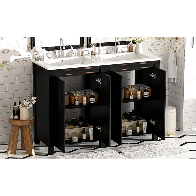 Meuble-lavabo 48 po avec double vasque en céramique, structure en bois massif, panneaux, style rétro, lavabos à tablettes réglables, intérieur spacieux et antique