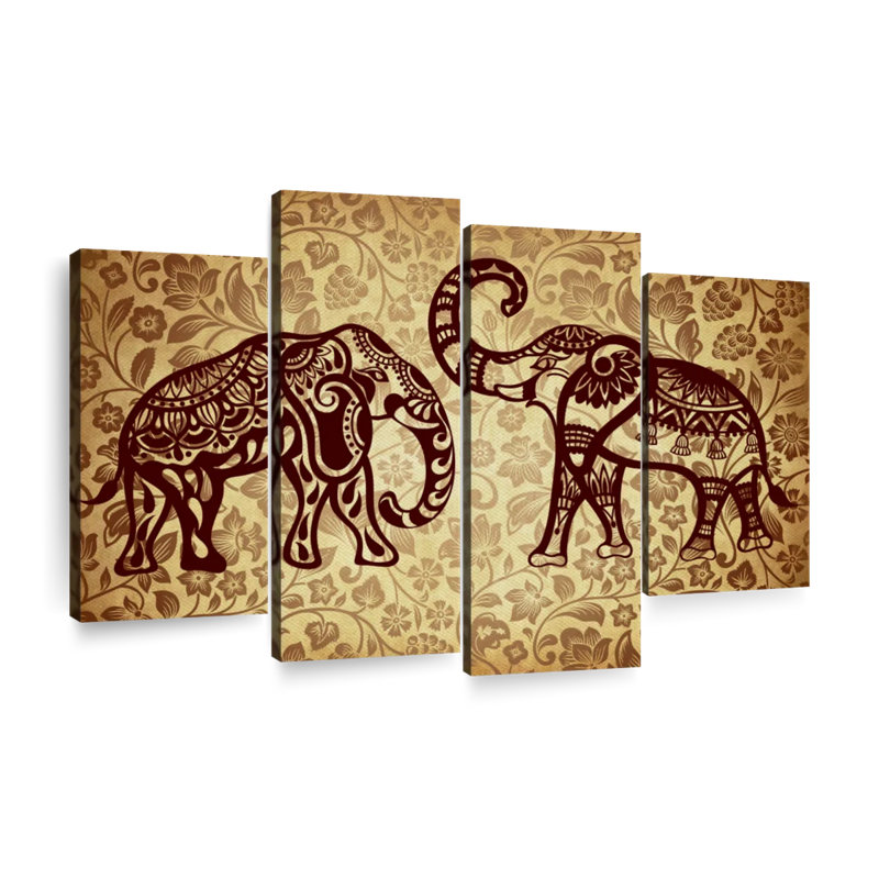 Éléphant deux éléphants de Bohème sur toile, ensemble de 4 pièces, H 42 po x l 68 po x P 1,25 po