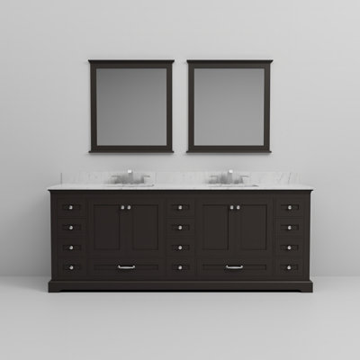 Espresso Double Bath Vanity 84 in. W x 22 in. D, Carrara Marble Top, Faucet Set, and 34 in. Mirrors