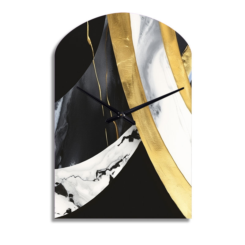 Noir et or Harmony Of Marble IV - Horloge en marbre arquée, horloge murale asymétrique moderne, Grand