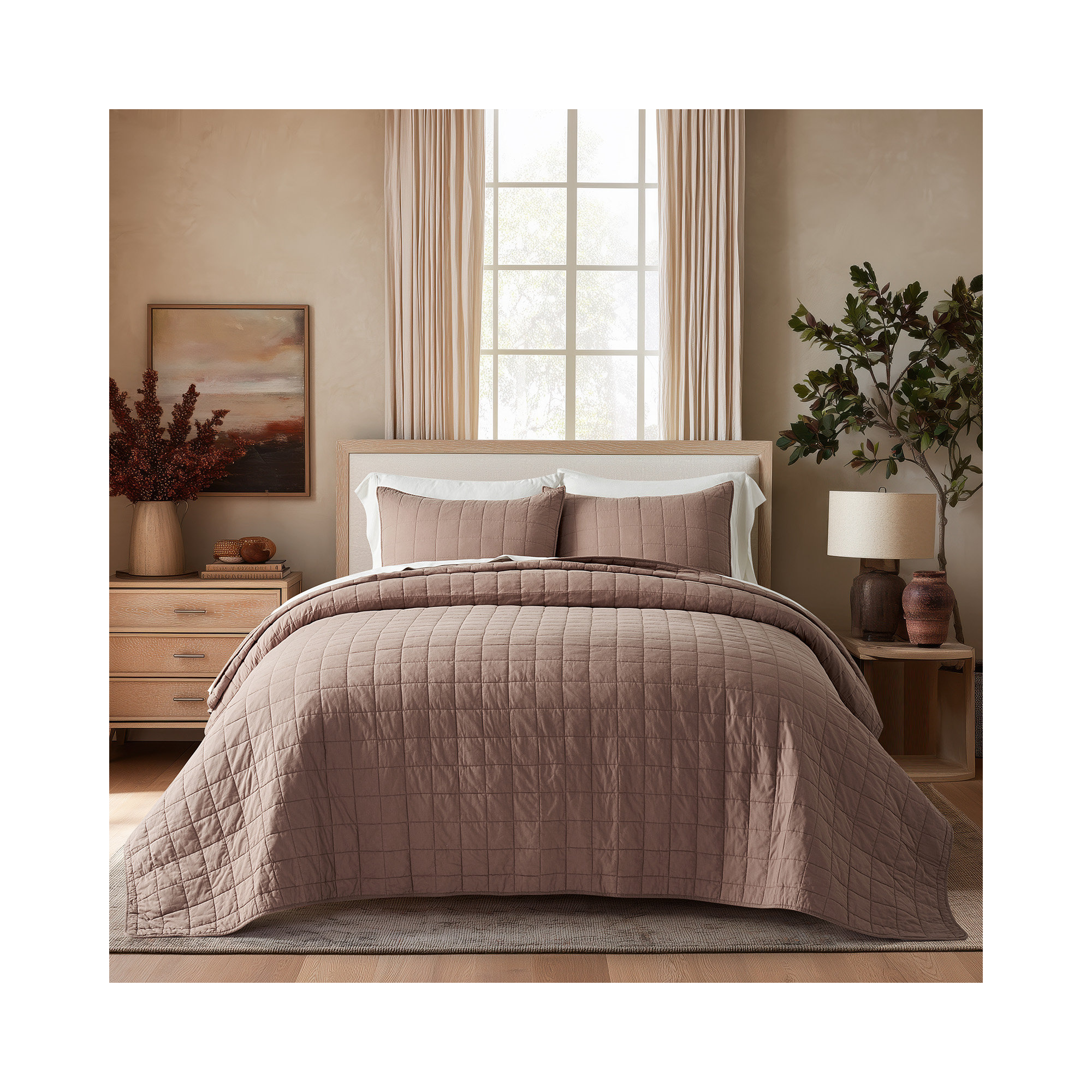 100% Cotton Box Stitch Quilt Set, Queen Quilt + 2 Queen Shams, Terracotta Clay