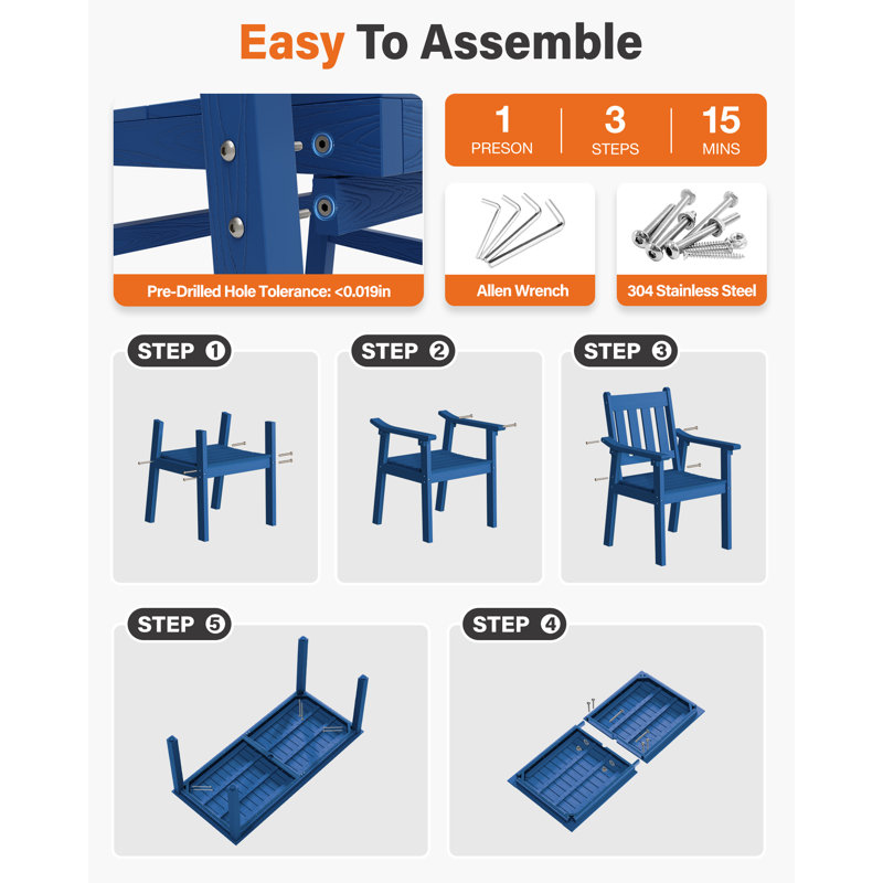 All Weather Rectangular HIPS Patio Dining Set for 4 with Arm Chairs 5 Piece Outdoor Furniture Set with Umbrella Hole Modern Plastic Outdoor Dining Sets