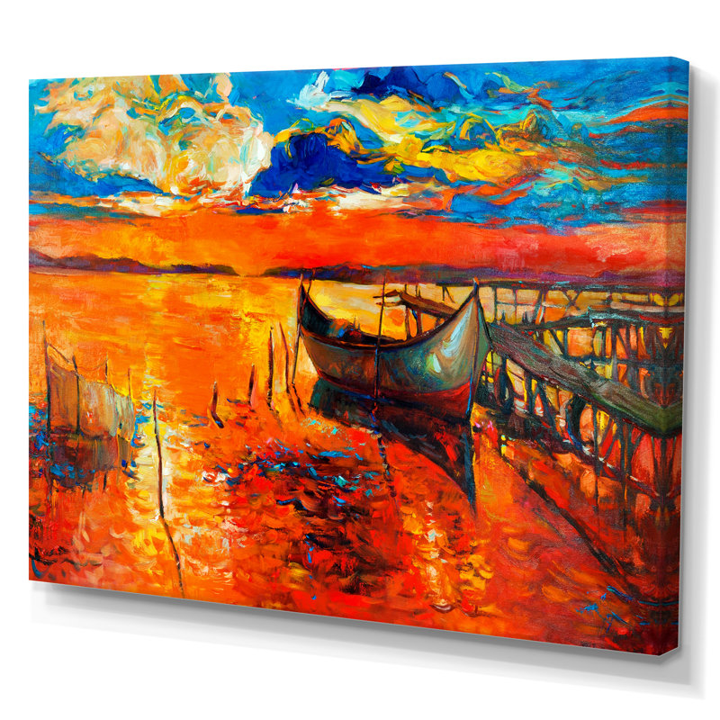 Bateau rouge et jetée, peinture murale décorative nautique et côtière, H 8 po x l 12 po x P 1,5 po, Toile tendue