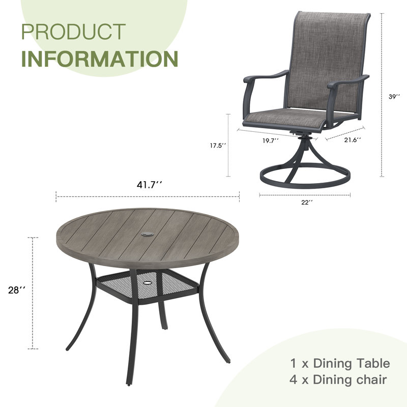 Ensemble repas 5 pièces pour table ronde d'extérieur avec chaise pivotante, Gris / Brun