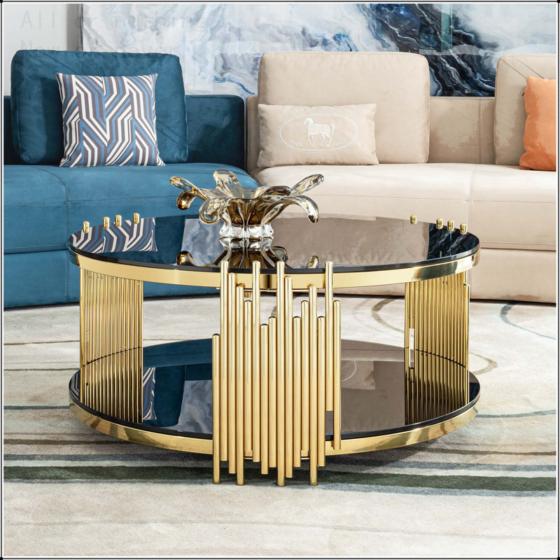 Table basse ronde de luxe avec verre trempé à 2 niveaux et cadre doré, L 17,72 po