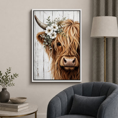 «Highland Cow», art floral, impression sur toile