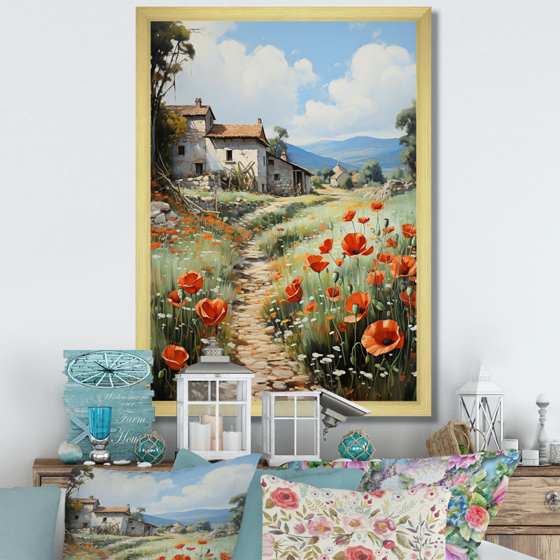 Poppy Field In Farm - Floral & Botanical Wall Art Living Room, H 32 po x l 24 po x P 1 po, Encadrement doré
