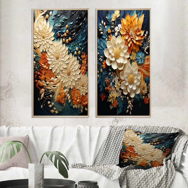 Tourbillon botanique orange sarcelle II - ensemble d'art mural abstrait de 2 art mural moderne pour la décoration intérieure
