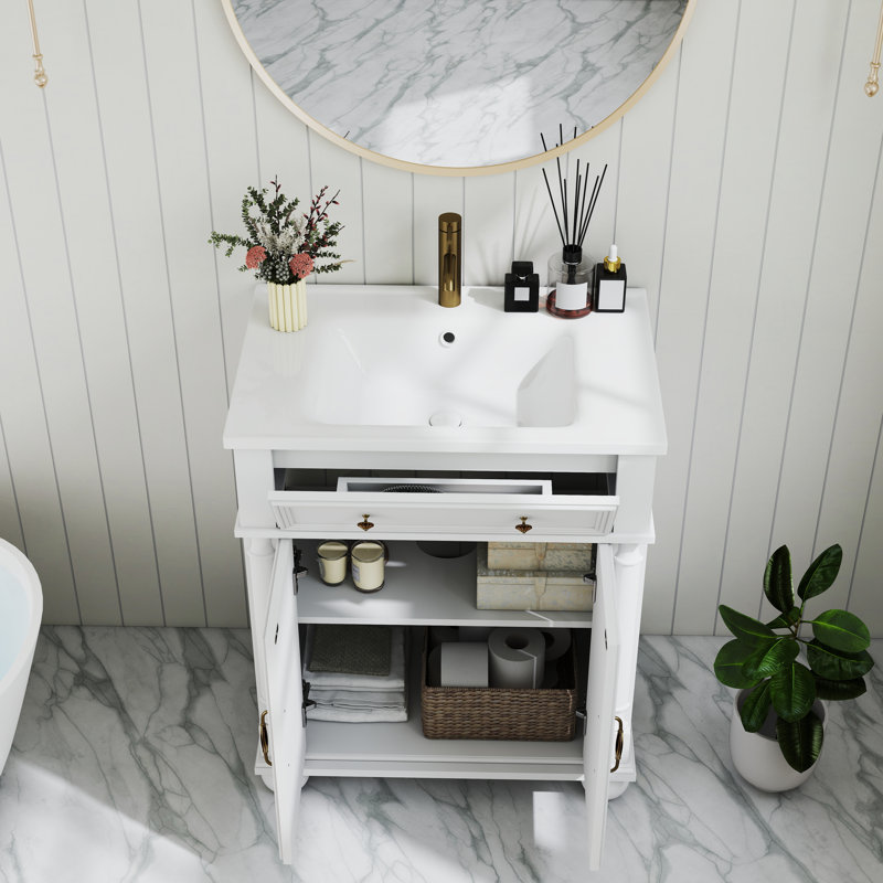 28‘’ Mid-Century White Bathroom Vanity Cabinet With Sink Top, Metal Handles & Solid Wood Frame, White