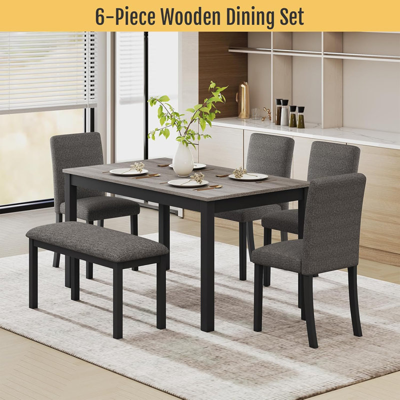 6-Piece Solid Wood Dining Table Set For Dining Room, Dark Gray/Black, Gray/Black
