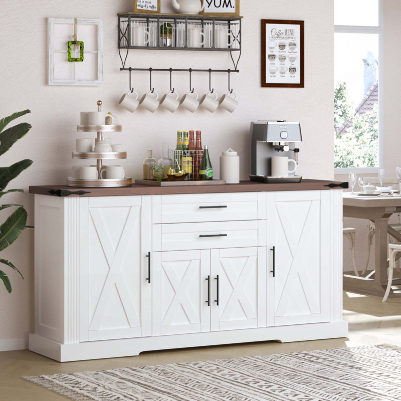 Buffet avec 2 tiroirs, tablettes réglables et porte, Blanc blanc