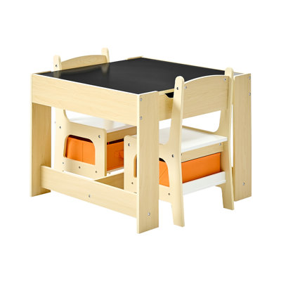 Ensemble de table pour enfants et 2 chaises, ensemble de table pour tout-petits et chaises pour enfants avec espace de rangement sous la table, boîte de rangement en tissu sous les chaises, bureau en bois pour l'art, l'artisanat, la lecture, l'apprentissage, le dessin, Burlywood