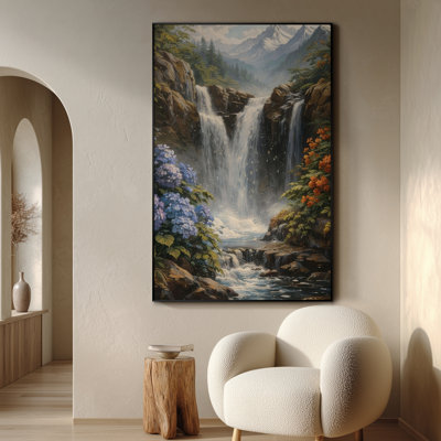 Très grand imprimé sur toile - Cascade majestueuse avec forêt luxuriante et fleurs sauvages pour le salon - «Assemblage requis du cadre (cadre non fini)»