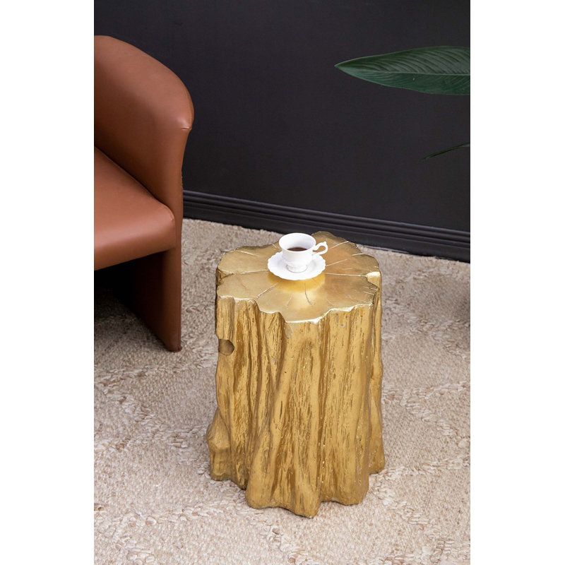 Unique Golden Tree Trunk Stool, Antique Gold Distressed Accent Side Table