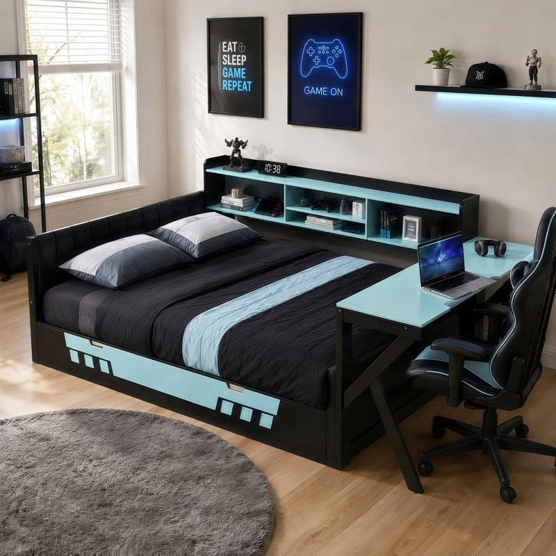 Lit en bois avec bibliothèque, bureau intégré, éclairage DEL et borne de recharge, Lit double, Noir-bleu