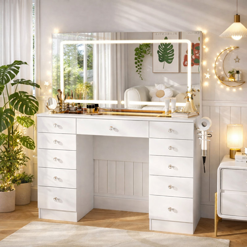 Ensemble de coiffeuse 45,9 "avec miroir éclairé, 11 tiroirs et support pour sèche-cheveux, Blanc