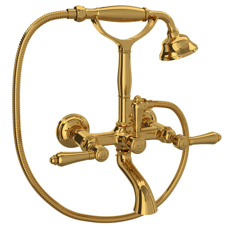Country Exposed Wall Mount Tub Filler, Metal Lever Handle, Unlacquered Brass