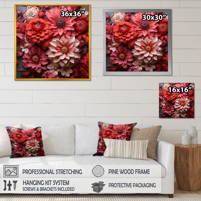 Zinnias rouges - fleurs symboliques, Cadre flottant doré, H 30 po x l 30 po
