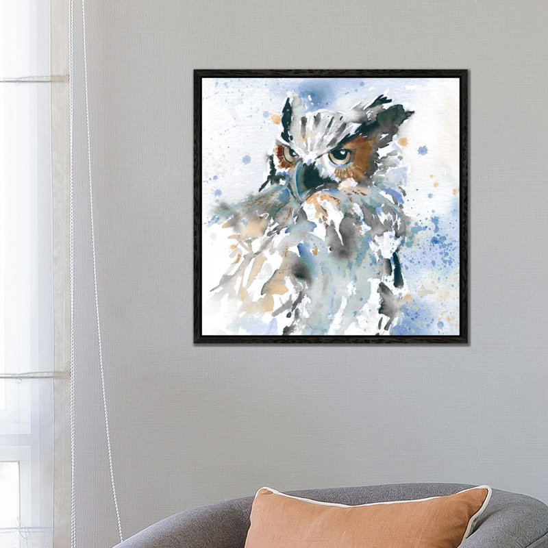 Owl On Blue by Carol Robinson - Painting on Canvas, 66.04 cm H x 66.04 cm W, Black Framed Canvas