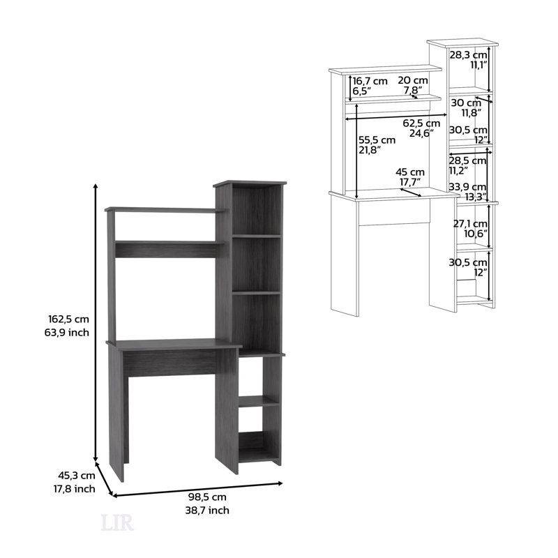 Bureau Logan, cinq casiers, finition chêne fumé, Gris