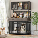 71" Dog Crate Furniture with 2 Drawers, Dog Kennel with Hutch, Lockable Doors, Heavy Duty Pet House