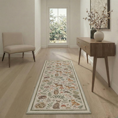 Aarna Woodland Rustic Animals Print Machine Washable Beige / Brown / Green Indoor Area Rug with Non-Slip Backing