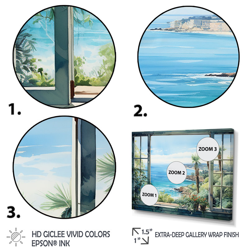 Seaside, vue tropicale II - fenêtres côtières, art mural, Cadre flottant doré, H 24 po x l 32 po x P 1 po