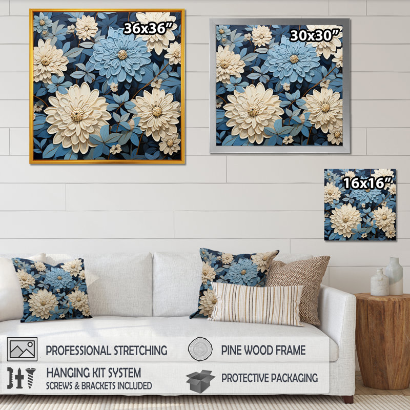 «White and Blue Zinnias Bounty II», reproduction sur toile encadrée, H 36 po x l 36 po x P 1,5 po, Toile tendue