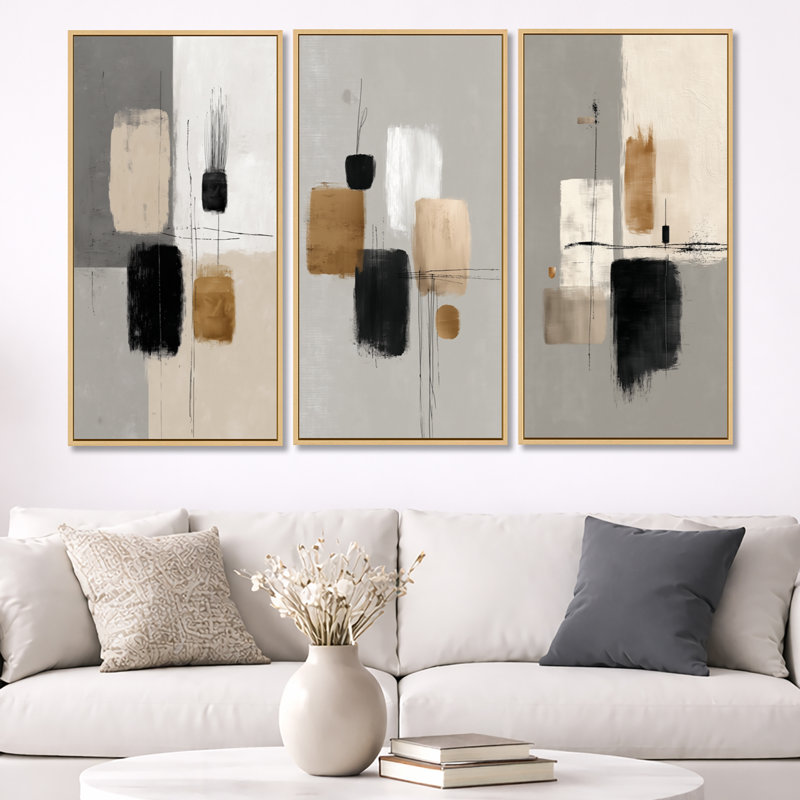 Formes noires avec minimalisme gris, mélange abstrait I - Minimalisme abstrait, impression sur toile 3 pièces, 32" H x 48" W