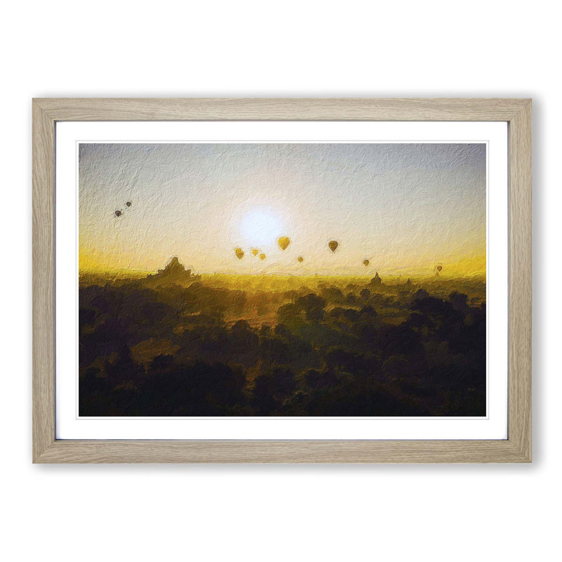 Hot Air Balloons over Bagan in Myanmar - Picture Frame Painting Print, 27cm H x 36cm W x 2cm D, Oak Framed