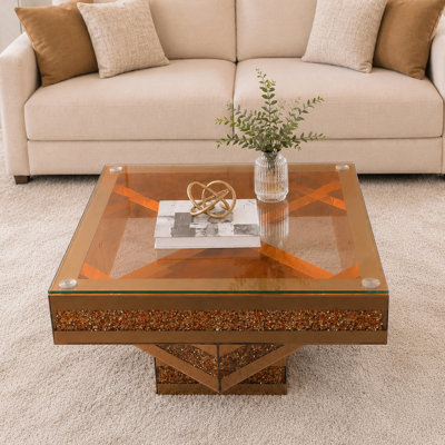 Table basse moderne en verre avec miroir, table centrale carrée 31,5 po avec paillettes en acrylique écrasé, tables basses en miroir de luxe pour meubles de salon