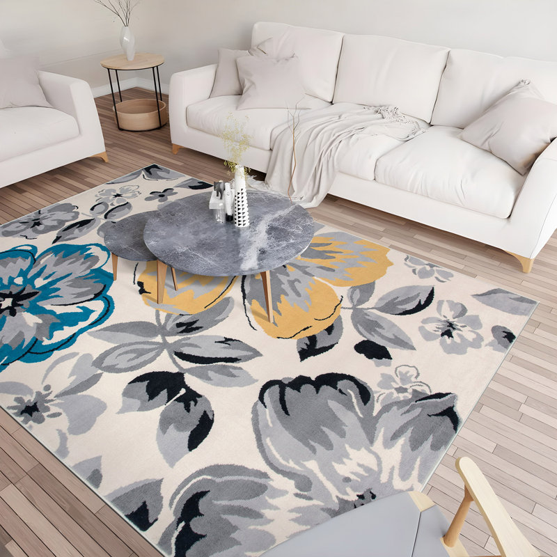 Modern Floral Cream/Yellow/Blue Performance Area Rug, Rectangle 9' x 12'