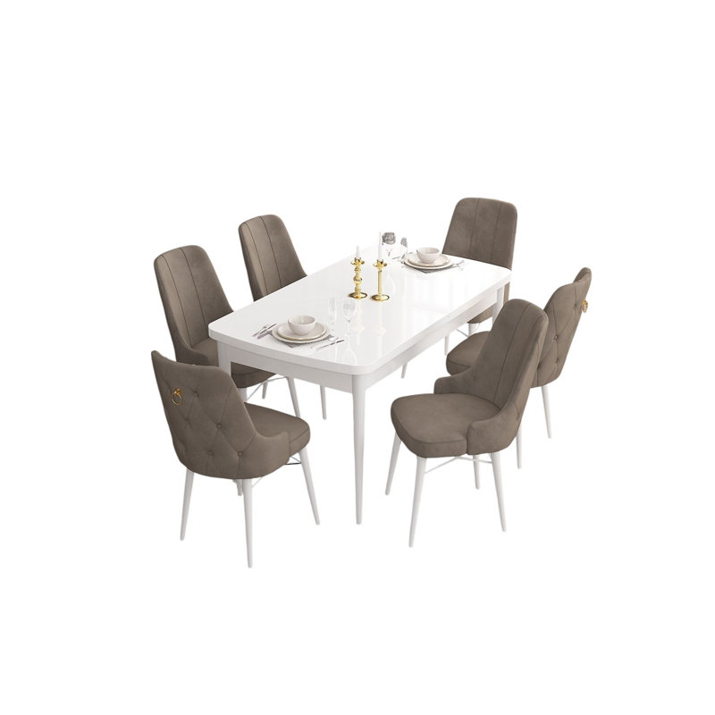 Ensemble de table et chaises de salle à manger extensible Modern (7 pièces), blanc et cappuccino | 100% panneau de fibres à densité moyenne avec pieds en bois | Table: 52,0 po x 31,0 po x 30,7 po (ouverture: 66,9 po) | 6 chaises: 18,5 po x 37,0 po x 17,7 po, sièges en mousse confortables