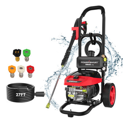 Powersmart 2600 PSI Electric Pressure Washer, 14 Amp Motor, 1.2 GPM, 8-Inch Wheels, Adjustable Nozzles For Cars, Patios, Furnitures