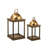 Brown Wood Lanterns Decorative Indoor Outdoor Set of 2, 28.5"H & 23"H Hurricane Candle Holders with Gold Metal Dome Accents, Clear Glass Panels, Rustic Glam Patio & Living Room Decor
