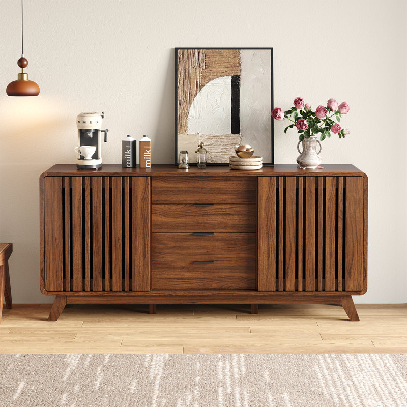 Buffet 61,4 "avec rangement, armoire de rangement cannelée avec portes coulissantes et 4 tiroirs, Noyer