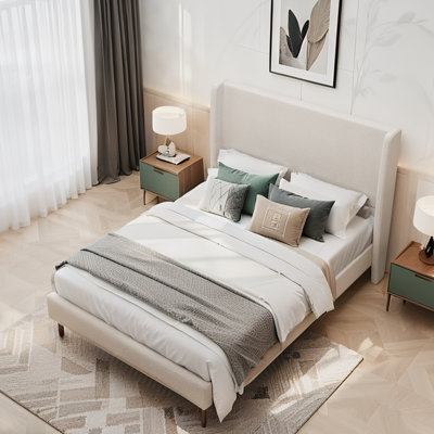 Structure de lit tapissier pour grand lit, tissu chenille beige