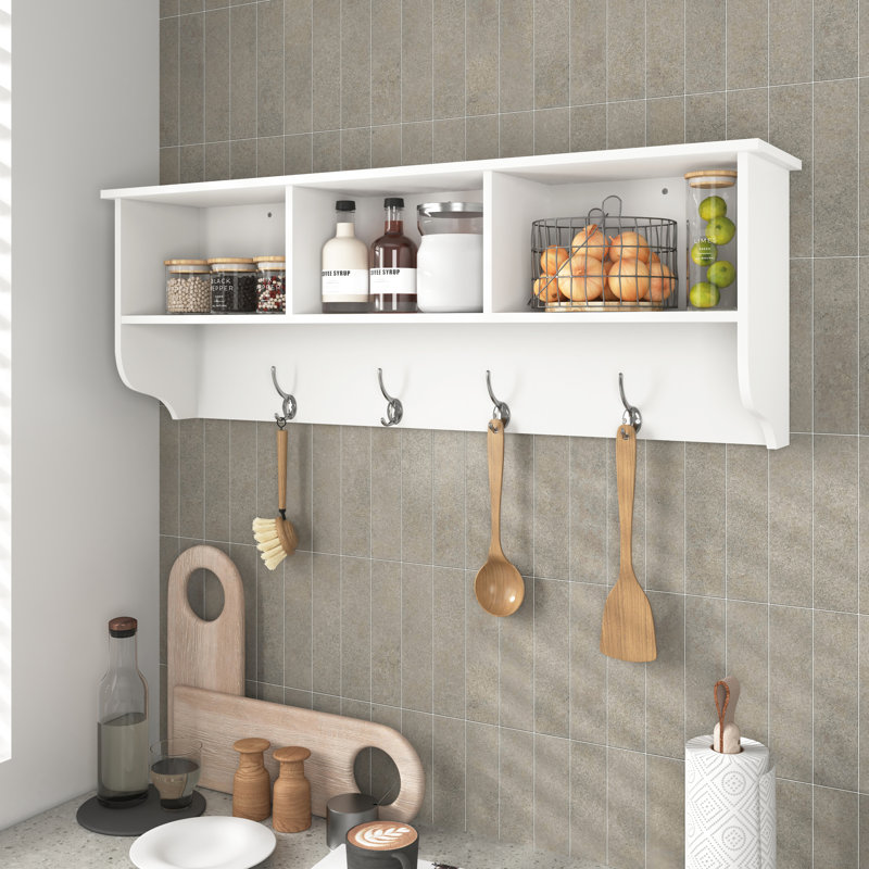 White Wooden Coat Rack With 4 Hooks And Compact Storage Shelf For Entryway Functional Home Entry, White